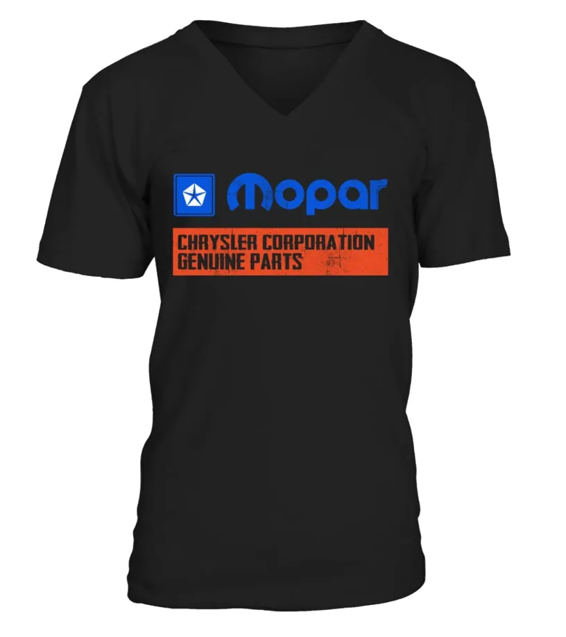 198590 MOPAR LOGO CHRYSLER CORPORATION GENUINE PARTS BK CAMISETA CUELLO EN V UNISEX