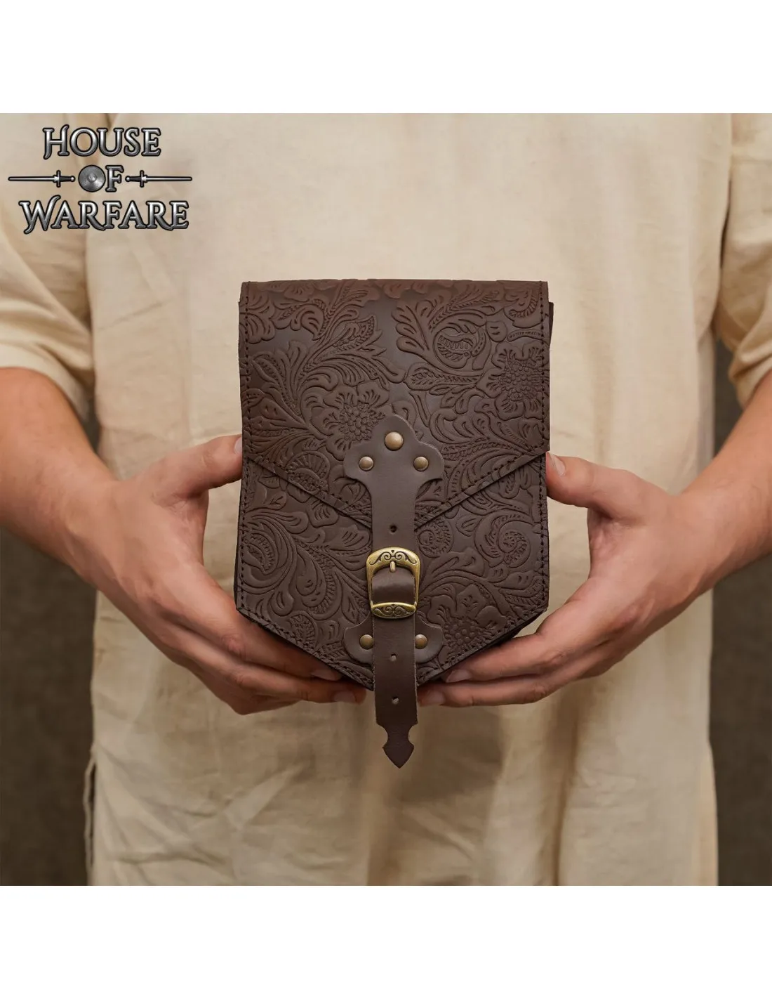 Bolso medieval cuero marrón repujado