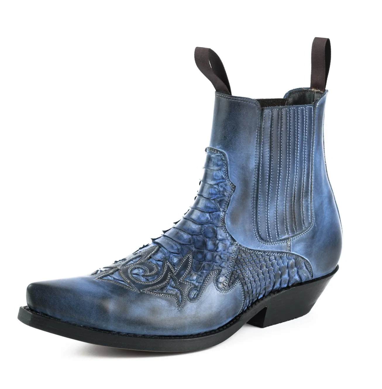 Botín cowboy hombre cuero serpiente azul

