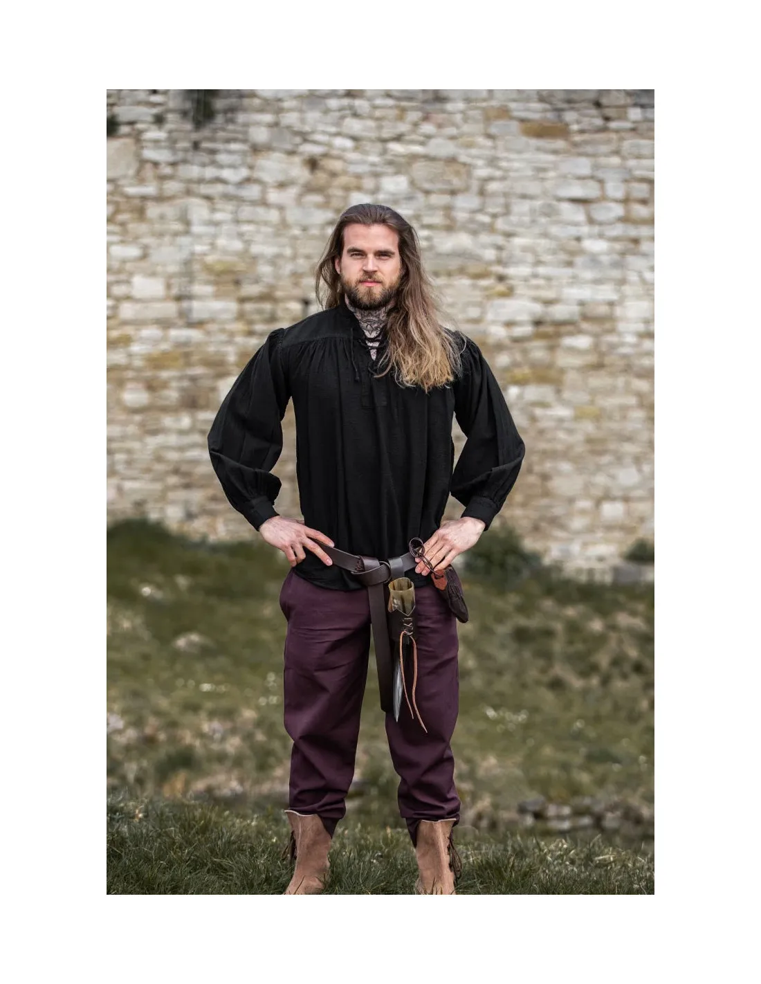 Camisa medieval negra con lazos