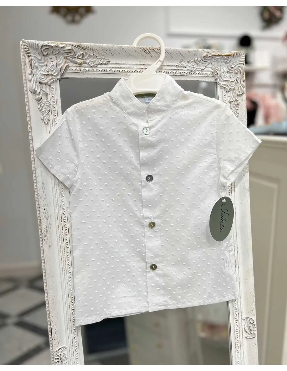 Camisa Niño Manga Corta Ceremonia Plumeti Crudo Julietas
