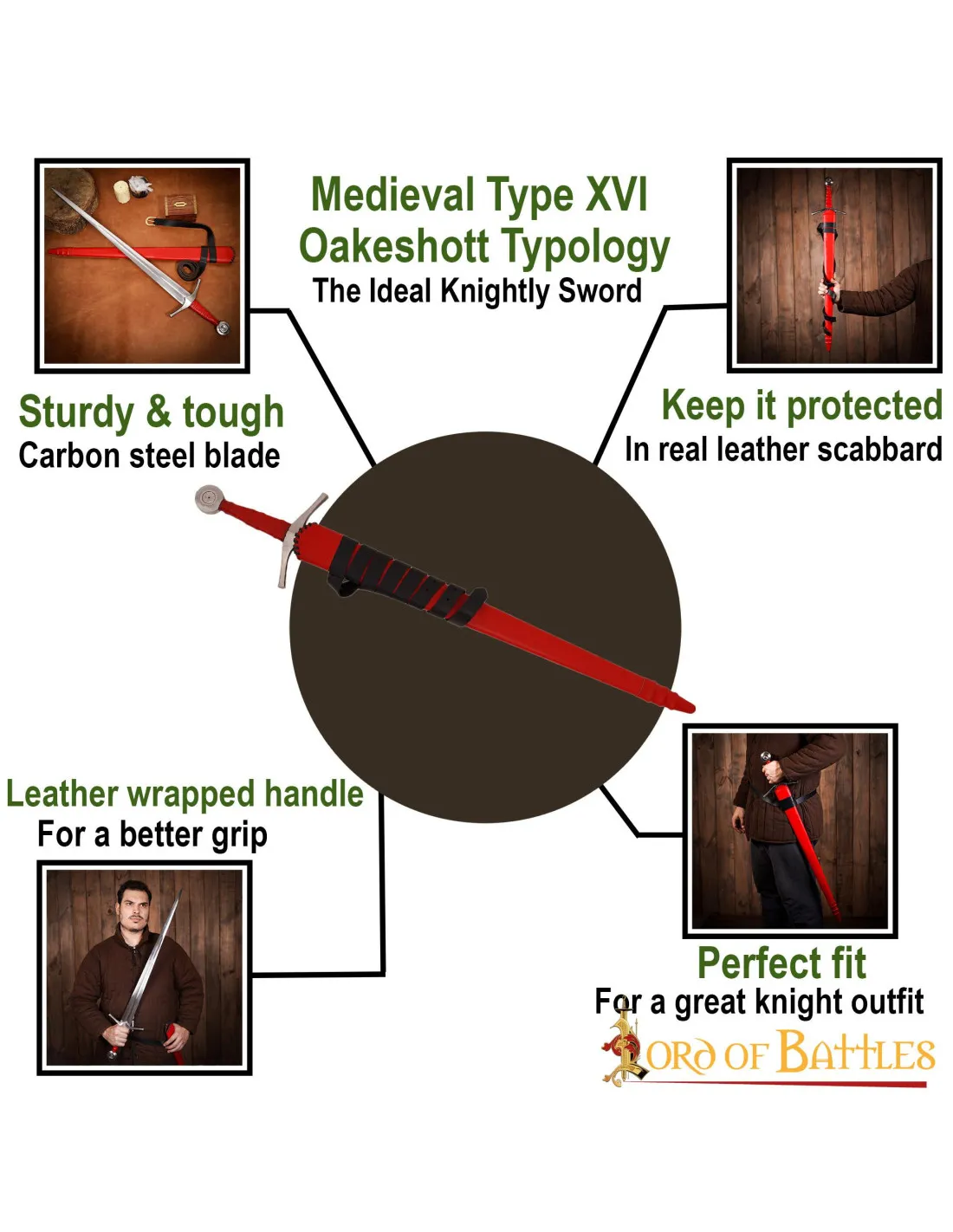 Espada medieval Tipo XVI Oakeshott, vaina cuero rojo