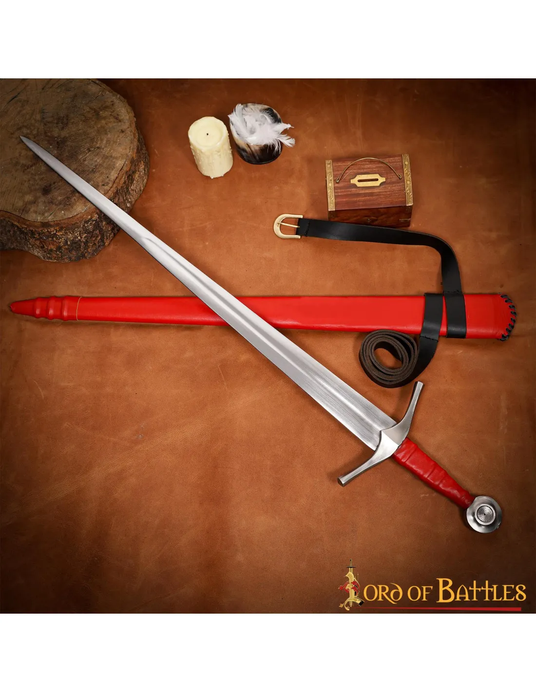 Espada medieval Tipo XVI Oakeshott, vaina cuero rojo