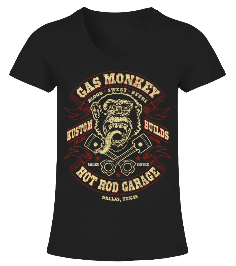GMK001BK. GAS MONKEY HOT ROD GARAGE CAMISETA CUELLO PICO MUJER