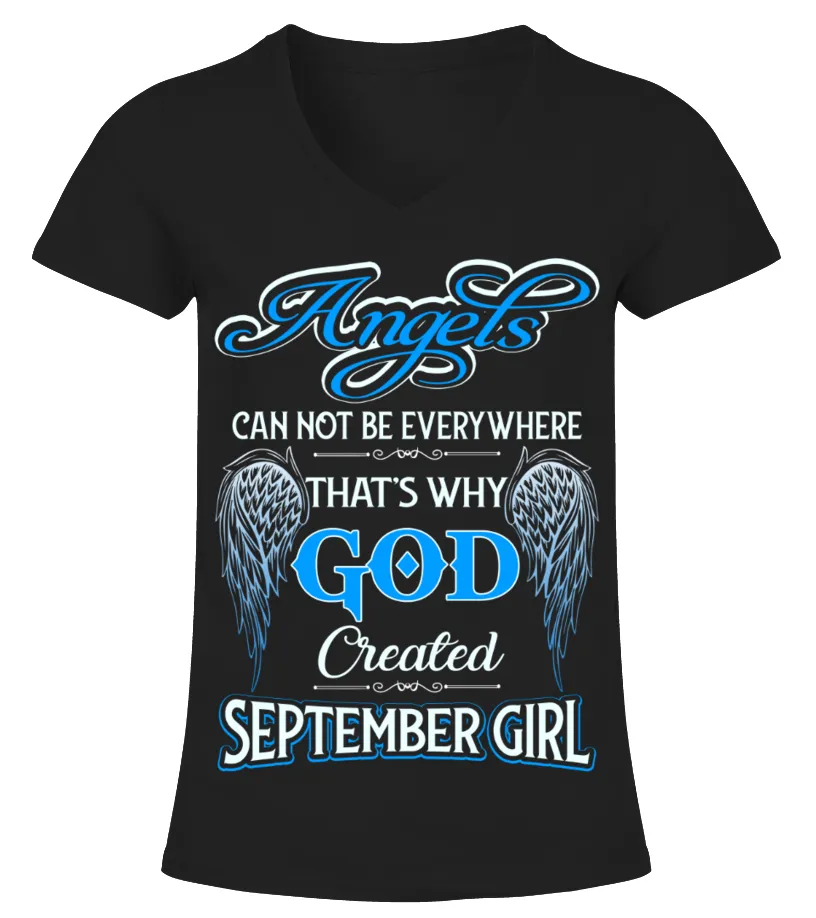 GOD CREATED SEPTEMBER GIRL LIKE AN ANGEL Camiseta cuello pico Mujer