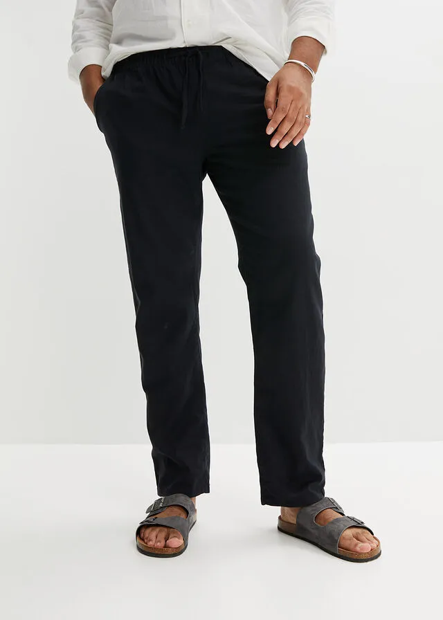 Pantalón chino sin cierre con corte regular y recto de lino Negro