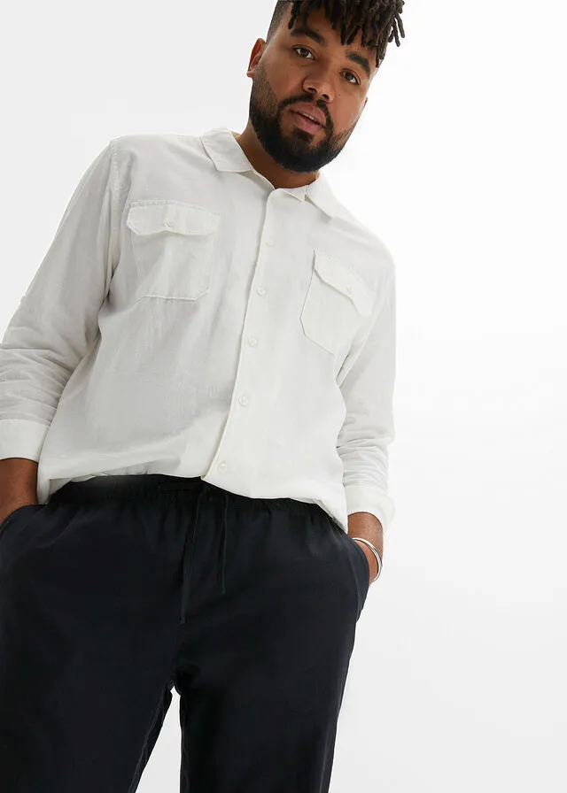 Pantalón chino sin cierre con corte regular y recto de lino Negro