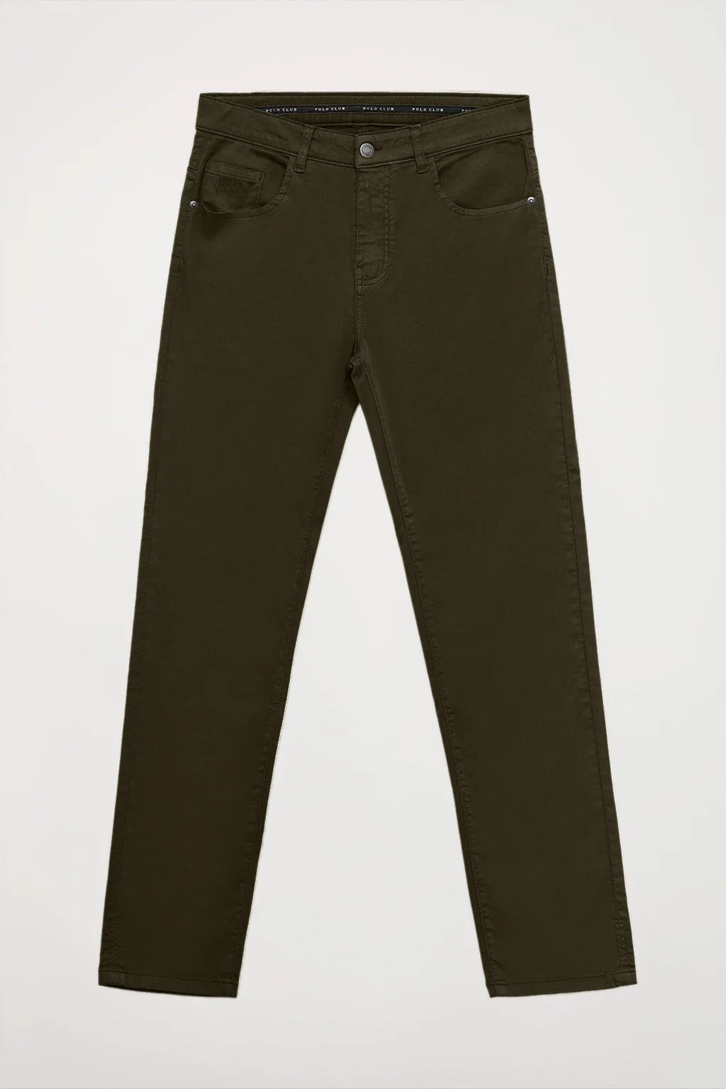 Pantalón verde oscuro de cinco bolsillos con logo bordado