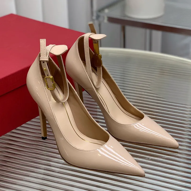 Tacón de aguja Zapatos de vestir Diseñador de moda Hebilla de charol fucsia Bombas 11 cm Tacón alto Punta puntiaguda Correa de t