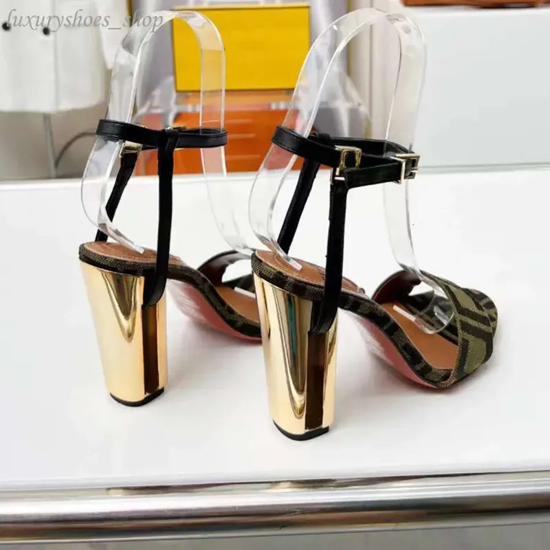 Tela marrón sandalias con tacón alto clásicos jacquard dorado metal metal hueco correa de tobillo tacón grueso sandalias de dise
